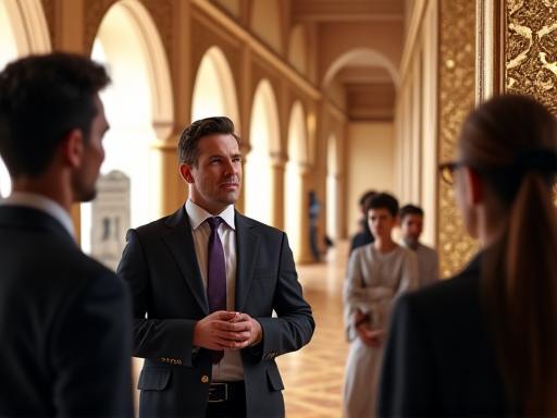 A tour guide explaining an exhibit inside Qasr Al Watan.