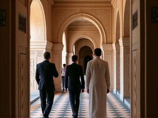 A curator privately guiding two guests through a quiet corridor.